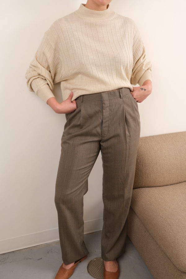 Hermine Vintage 80s Newspaper Wool Pleated Straight Leg Trousers - Gray