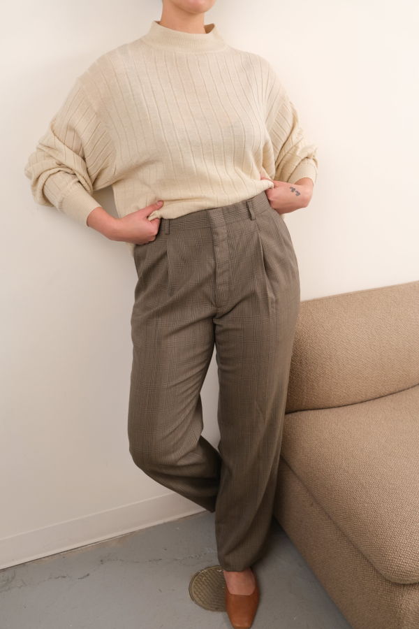 Hermine Vintage 80s Newspaper Wool Pleated Straight Leg Trousers - Gray