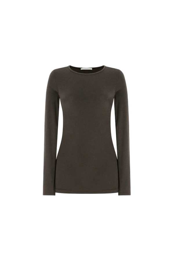 AMOMENTO Round Neck Long Sleeve T-Shirt - Brown