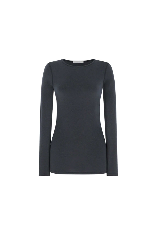 AMOMENTO Round Neck Long Sleeve T-Shirt - Charcoal