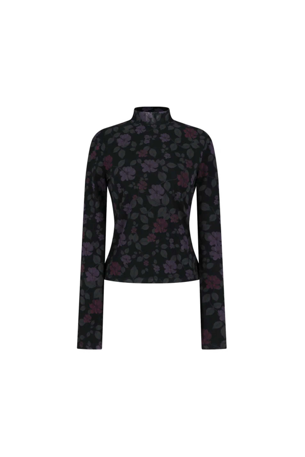 AMOMENTO Floral Mock Neck Long Sleeve T-Shirt Top