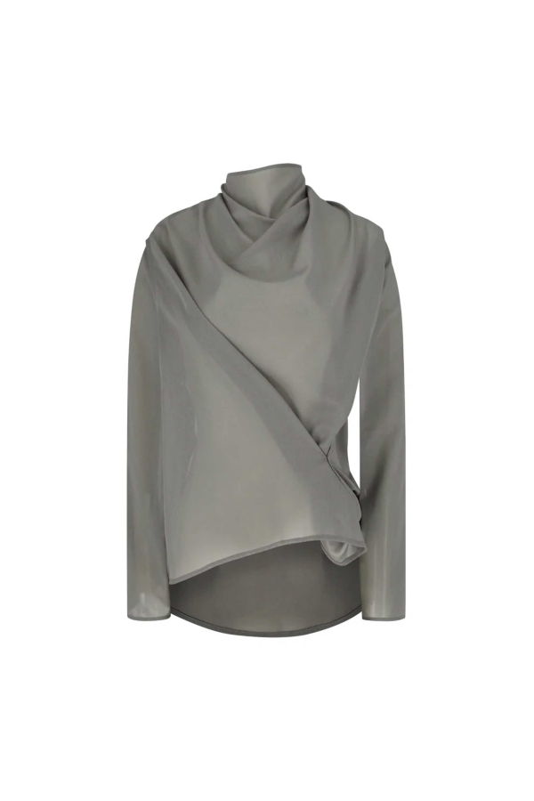 AMOMENTO Mock Neck Two Way Blouse Shirt - Grey
