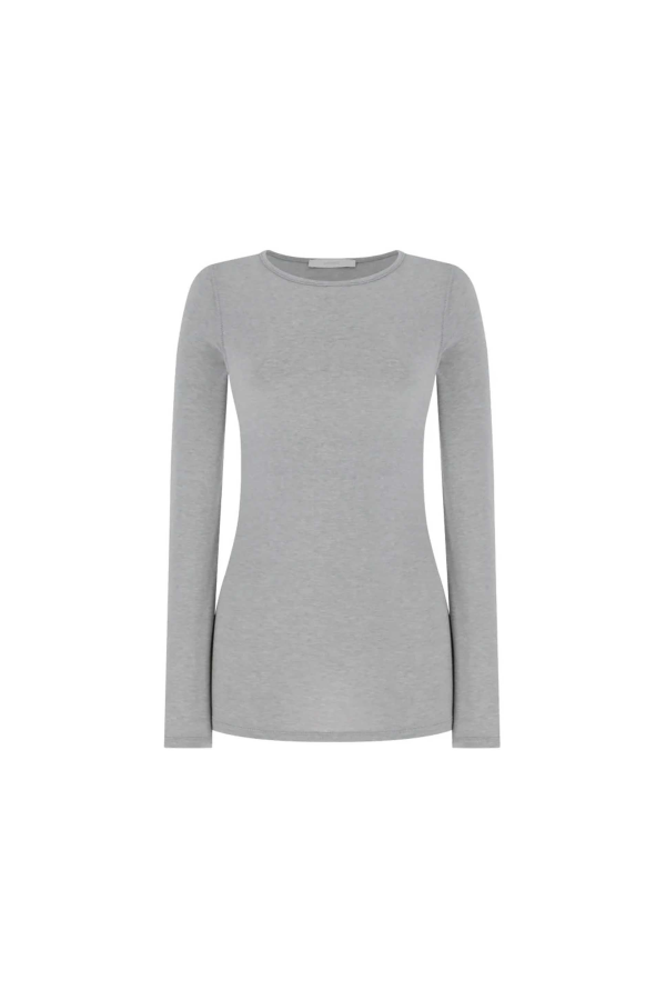 AMOMENTO Round Neck Long Sleeve T-Shirt - Grey