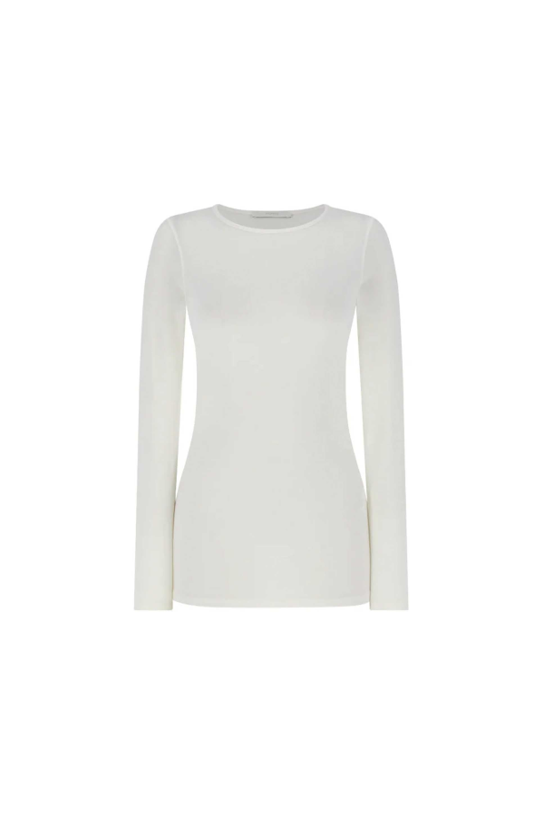 AMOMENTO White Round Neck Long Sleeve T-Shirt