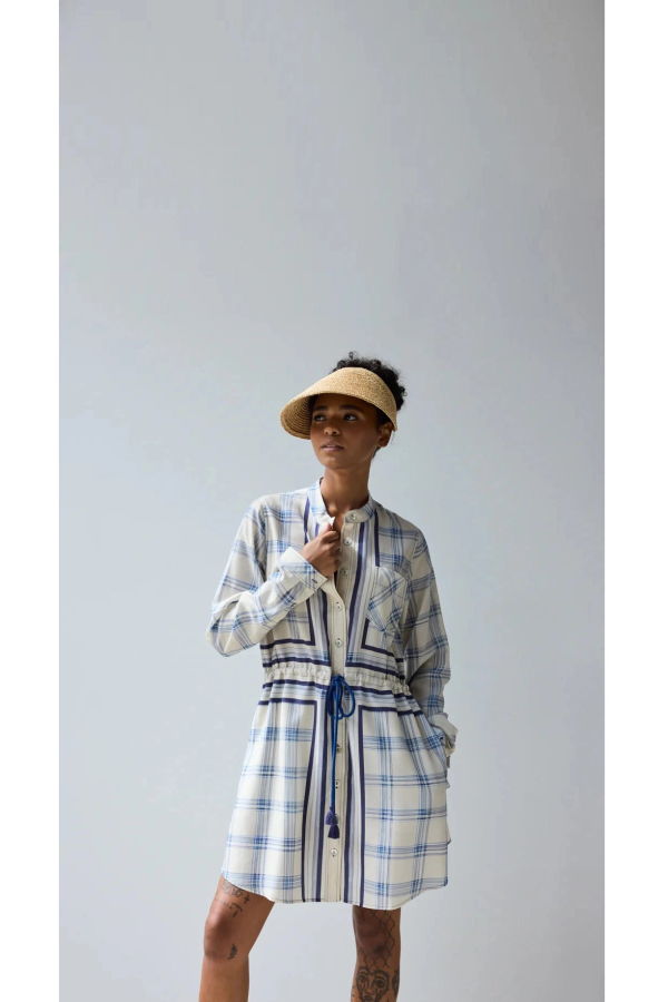 Hope for Flowers by Tracy Reece Band Collar Mini Dress - Warp Dyed Plaid