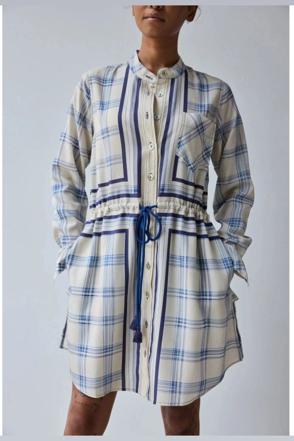 Hope for Flowers by Tracy Reece Band Collar Mini Dress - Warp Dyed Plaid