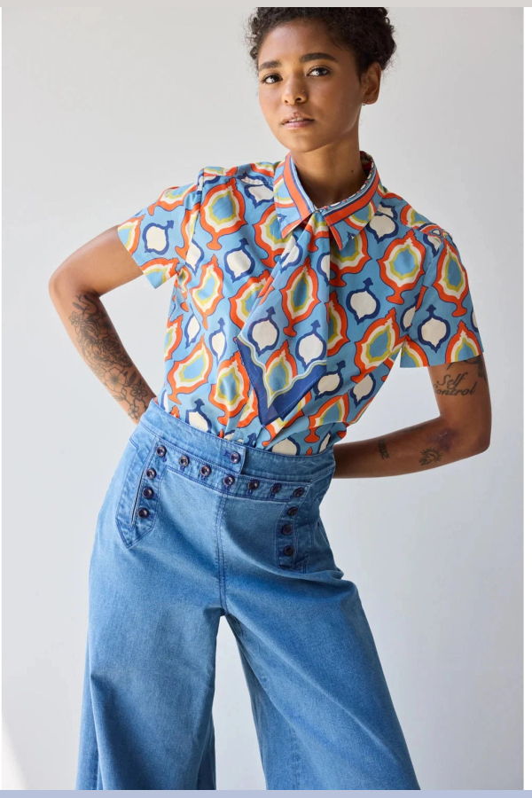 Hope for Flowers by Tracy Reece Scarf Tie Button Down Shirt - Chambray Medallion