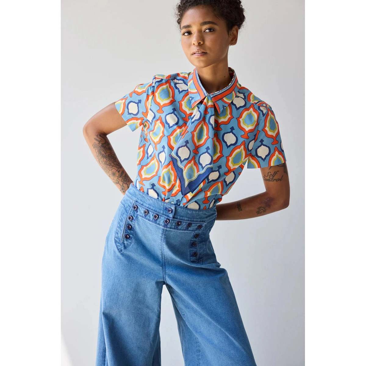 Hope for Flowers by Tracy Reece Scarf Tie Button Down Shirt - Chambray Medallion - Image 1 of 2