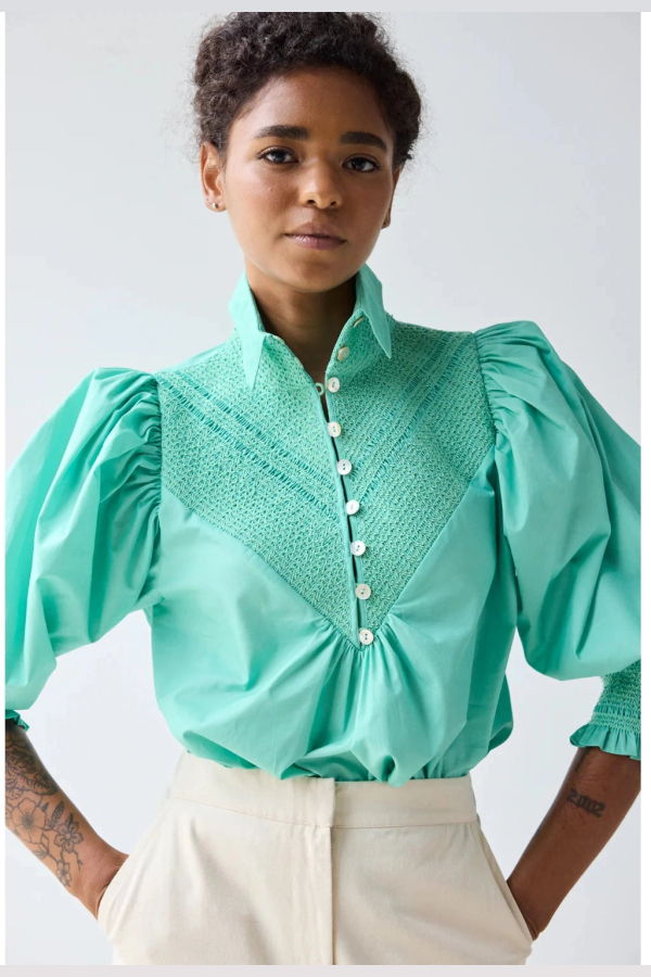Hope for Flowers by Tracy Reece Smocked Shirt Top - Aqua Sky