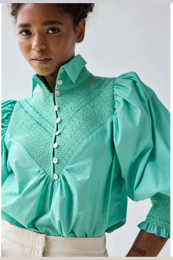 Hope for Flowers by Tracy Reece Smocked Shirt Top - Aqua Sky