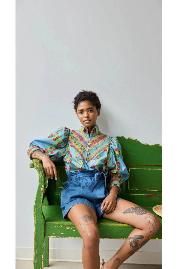 Hope for Flowers by Tracy Reece Smocked Shirt Top - Chambray Floral Scarf