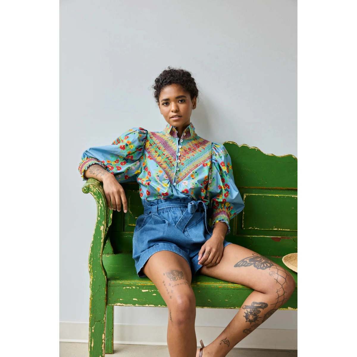 Hope for Flowers by Tracy Reece Smocked Shirt Top - Chambray Floral Scarf - Image 1 of 2