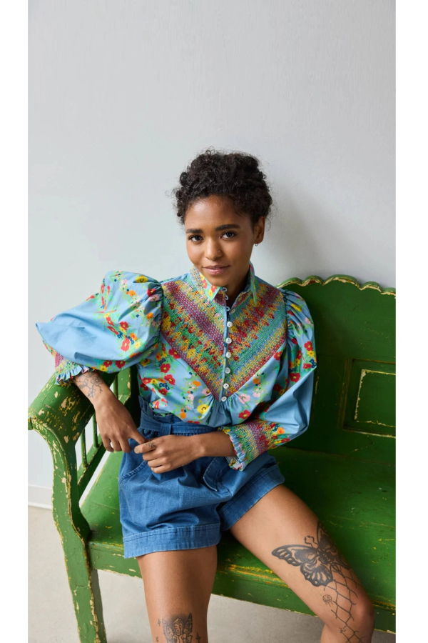 Hope for Flowers by Tracy Reece Smocked Shirt Top - Chambray Floral Scarf