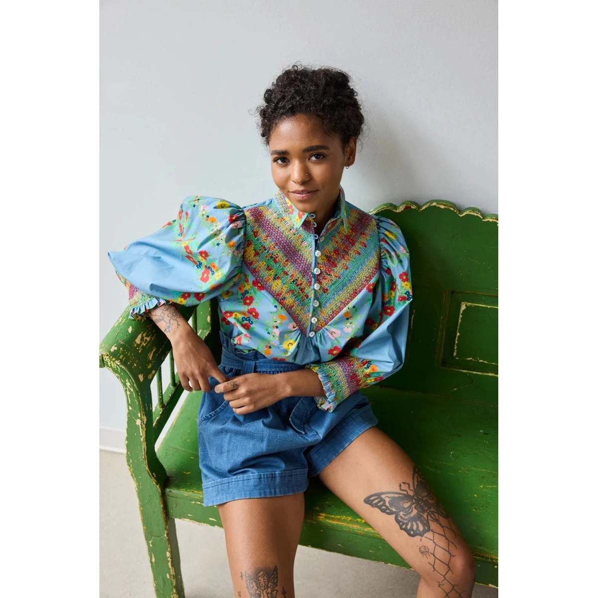 Hope for Flowers by Tracy Reece Smocked Shirt Top - Chambray Floral Scarf - Image 2 of 2