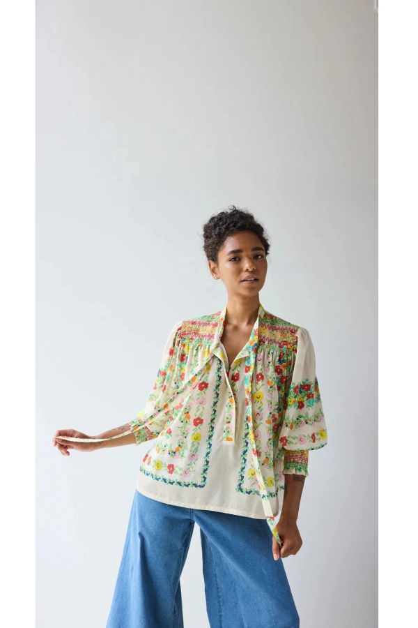 Hope for Flowers by Tracy Reece Smocked Tie Neck Top - Custard Floral