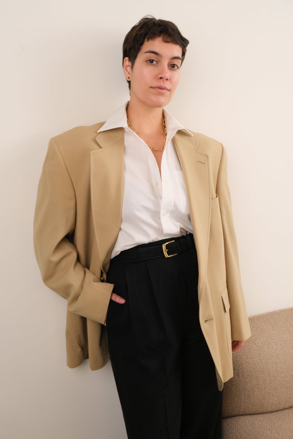 Hermine Vintage 90s Chamois Gold Crest Button Blazer - Beige
