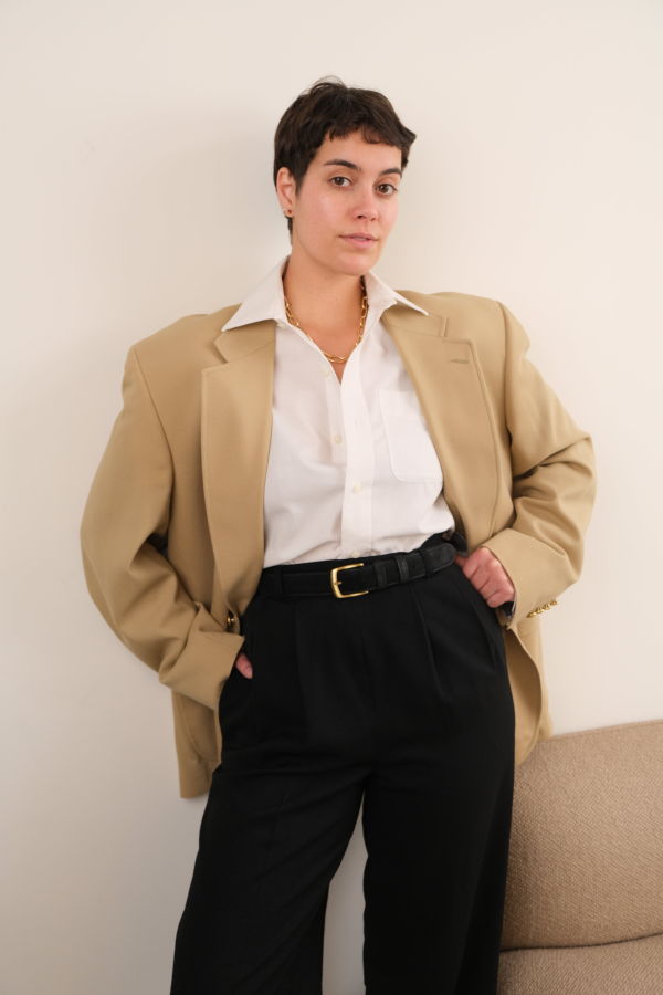 Hermine Vintage 90s Chamois Gold Crest Button Blazer - Beige