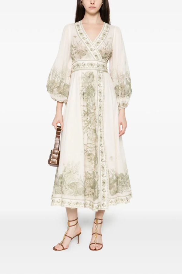 Zimmermann Wanderlust Wrap Midi Dress - Khaki Toile