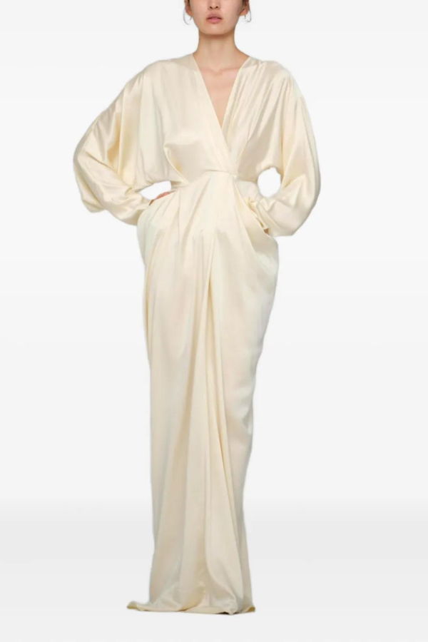 YANGKEHAN White Draped V-Neck Maxi Dress - White