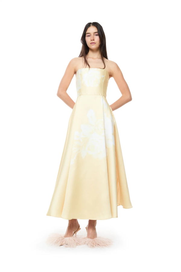 MARQUES ' ALMEIDA Printed Heavy Satin Strapless Midi Dress - Yellow