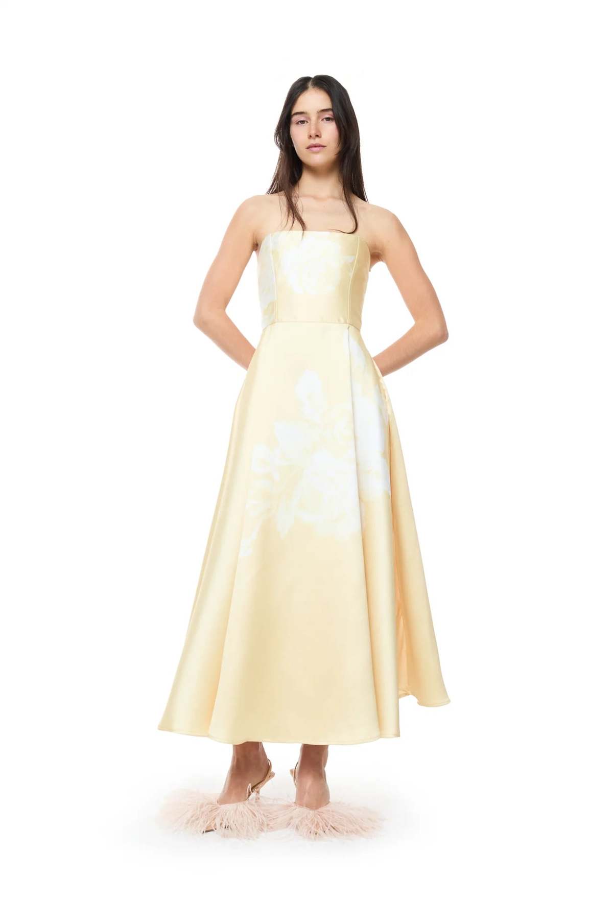 MARQUES ' ALMEIDA Printed Heavy Satin Strapless Midi Dress - Yellow - Image 1 of 3