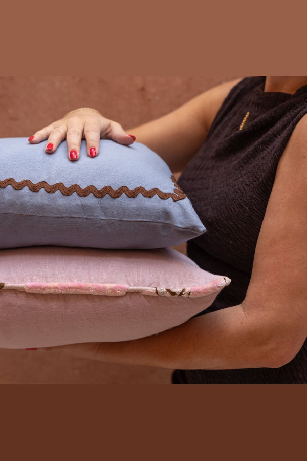 APARTMENT F Blue Linen Pillow with Ric-Rac Trim