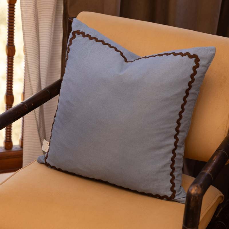 APARTMENT F Blue Linen Pillow with Ric-Rac Trim