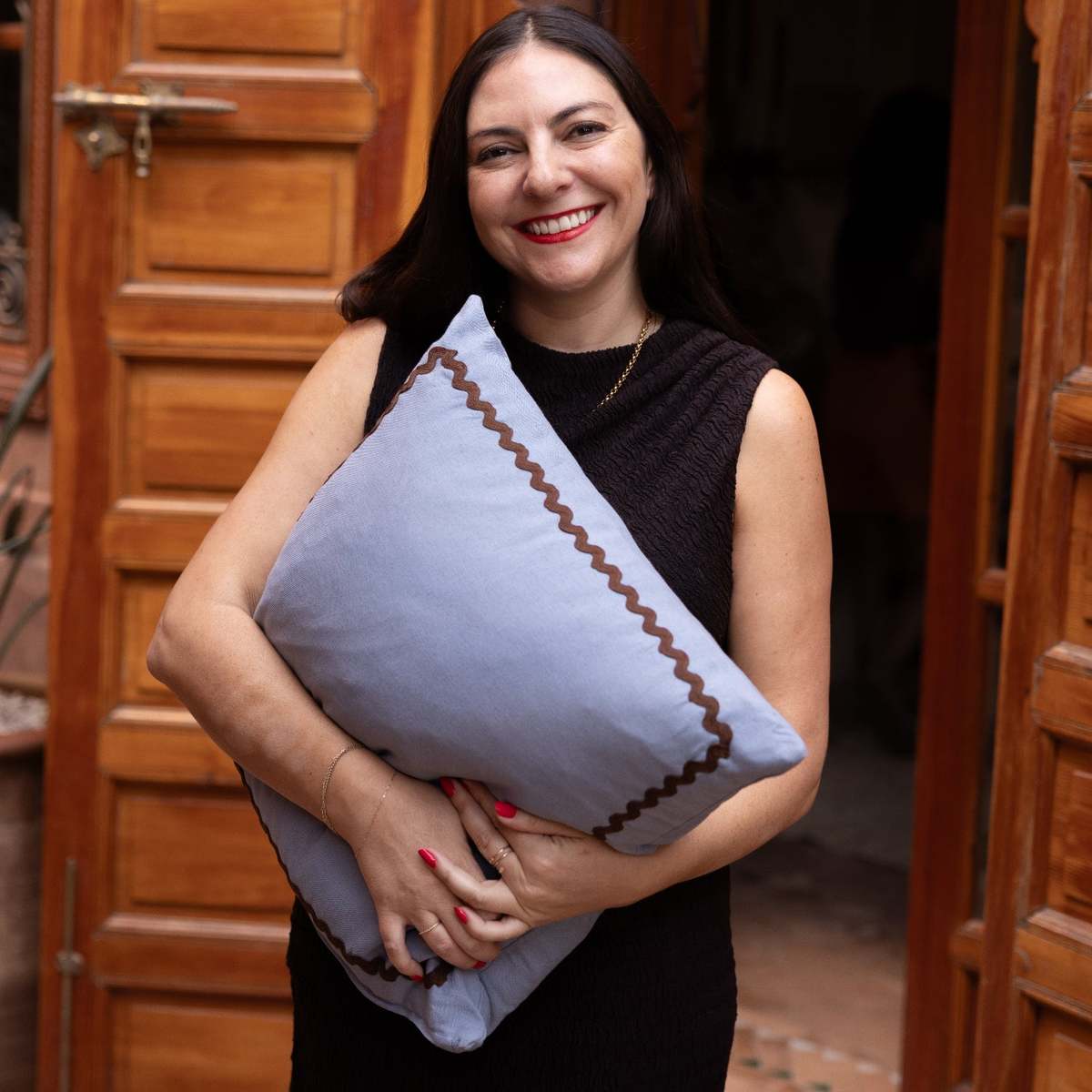 APARTMENT F Blue Linen Pillow with Ric-Rac Trim - Image 5 of 9