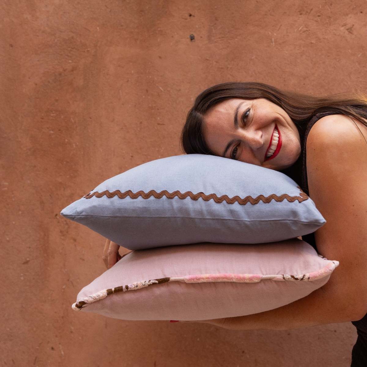 APARTMENT F Blue Linen Pillow with Ric-Rac Trim - Image 7 of 9