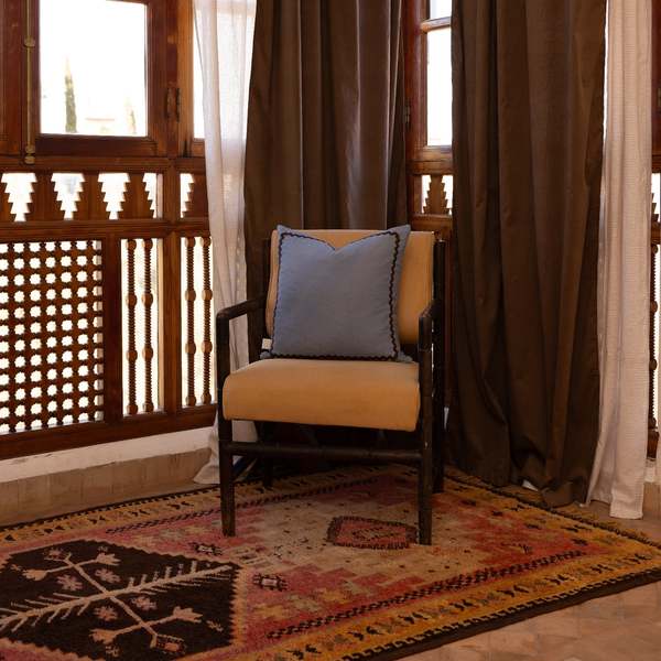 APARTMENT F Blue Linen Pillow with Ric-Rac Trim