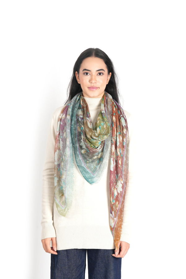 Vismaya Magnolia Blossom Gradient Square Wrap - Chestnut Brown