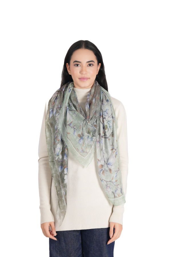 Vismaya Magnolia Blossom Gradient Square Scarf - Mint Grey