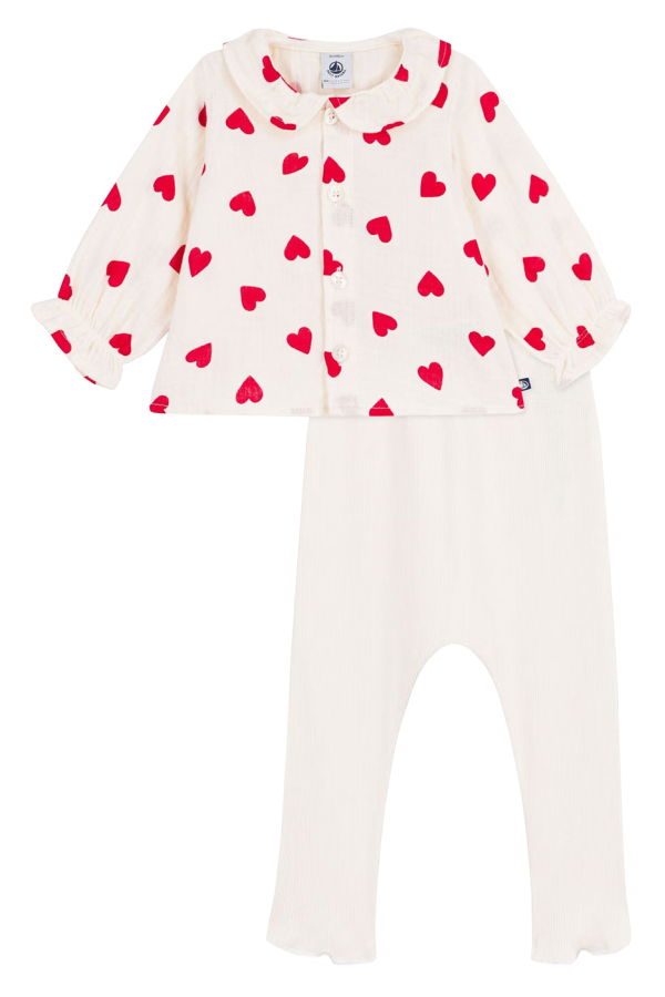 KIDS Petit Bateau Two Piece Heart Print Set - Cream
