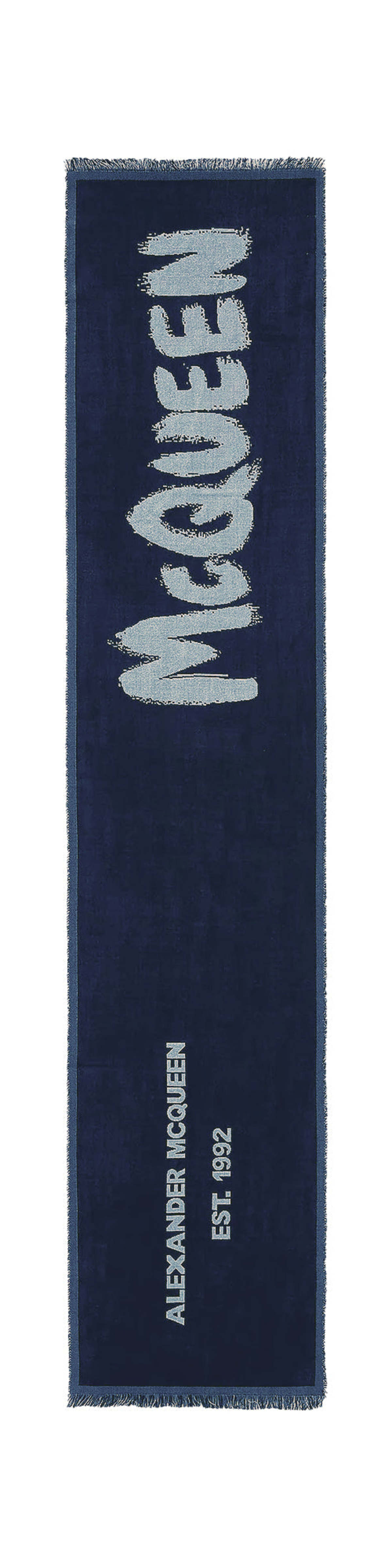 Alexander McQueen Oversized Graffiti Printed Frayed-Edge Scarf - Navy/Ivory - Image 1 of 1