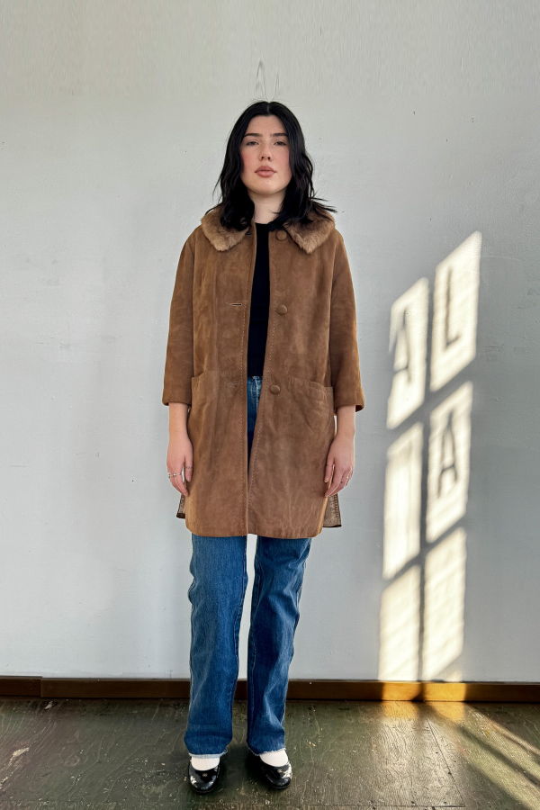 Vintage 60s Cocoa Suede Coat with Fur Collar