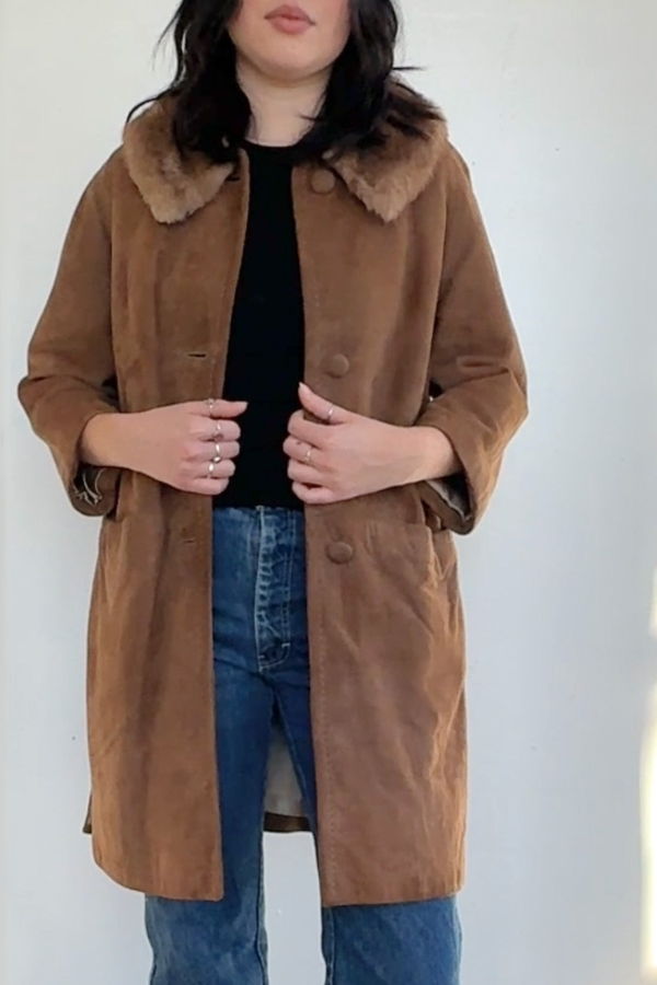Vintage 60s Cocoa Suede Coat with Fur Collar