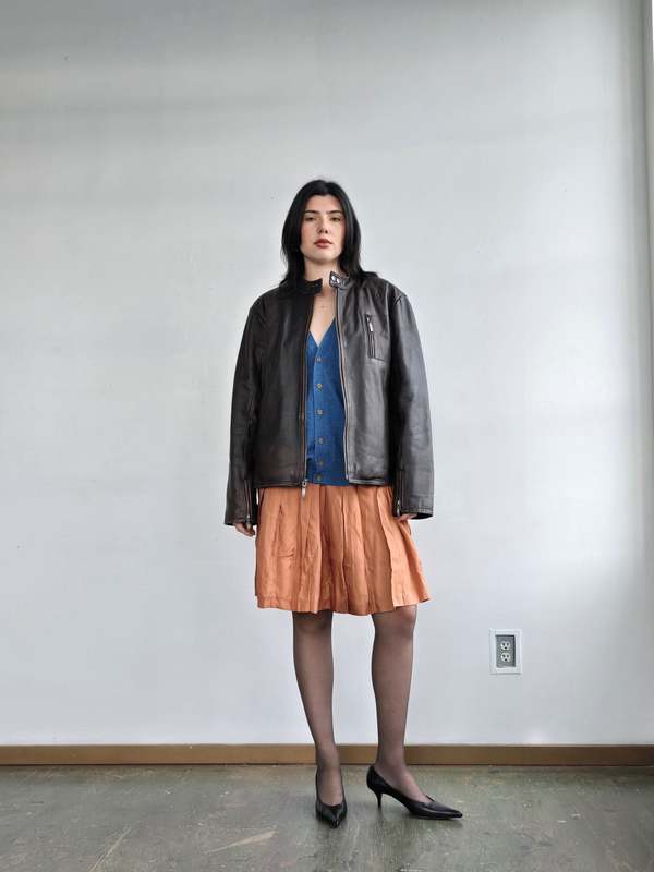 Vintage Leather Flannel Lined Bomber Coat - Chocolate