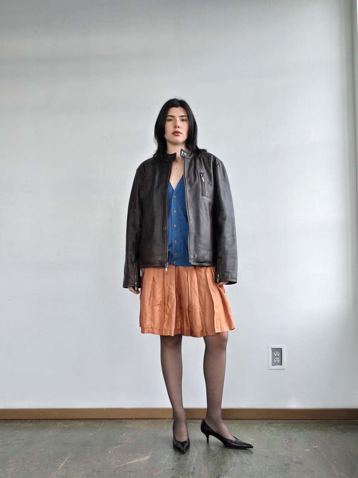 Vintage Leather Flannel Lined Bomber Coat - Chocolate - Image 1 of 6