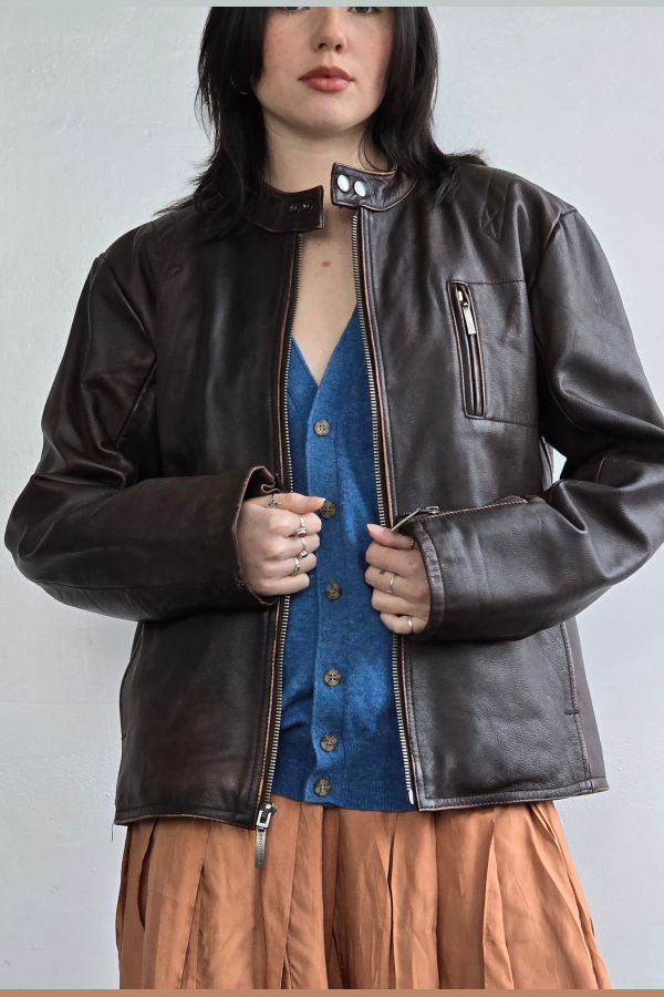Vintage Leather Flannel Lined Bomber Coat - Chocolate