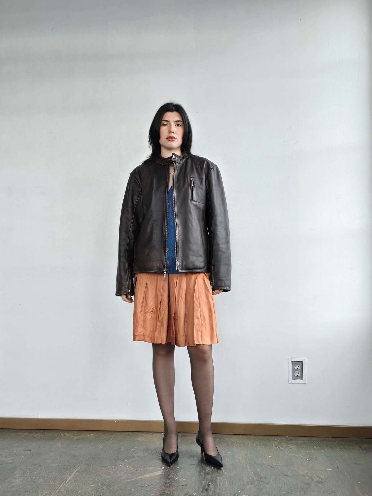 Vintage Leather Flannel Lined Bomber Coat - Chocolate - Image 6 of 6