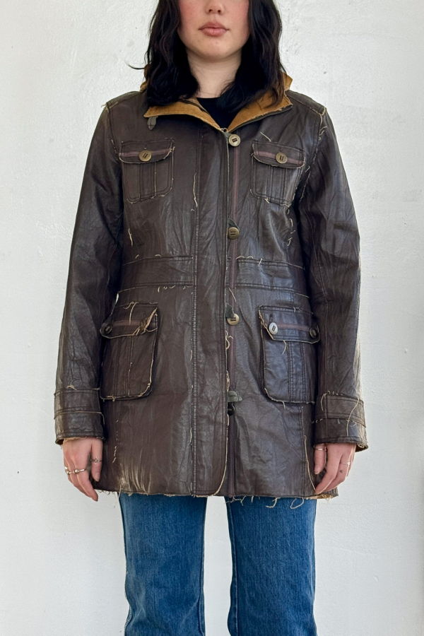 Vintage Cocoa Y2K Hooded Leather Coat