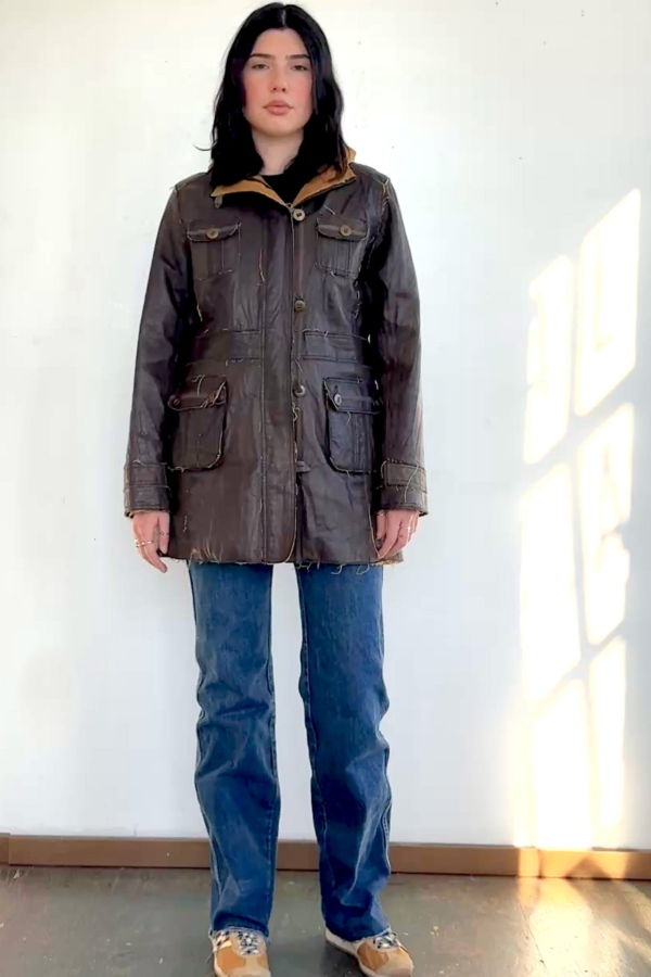 Vintage Cocoa Y2K Hooded Leather Coat