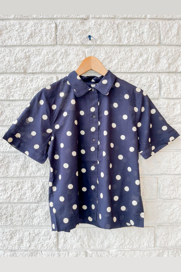 The Great. The Messenger Top - Navy With Cream Polka Dots