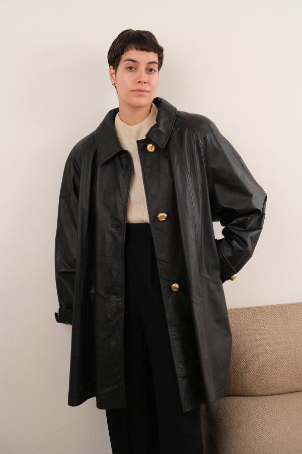 Hermine Vintage 80s Coal Leather Button Front Coat - Black
