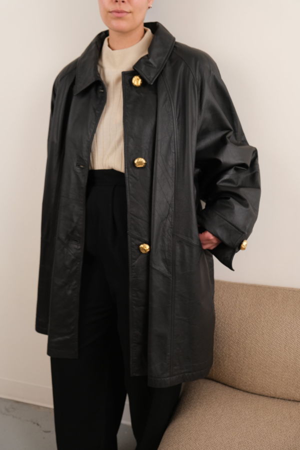Hermine Vintage 80s Coal Leather Button Front Coat - Black