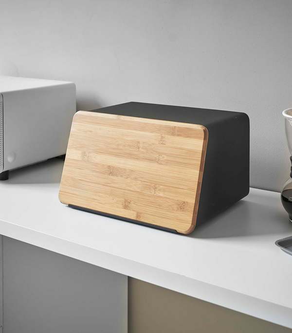 Yamazaki Home Bread Box with Cutting Board Lid - Steel + Wood