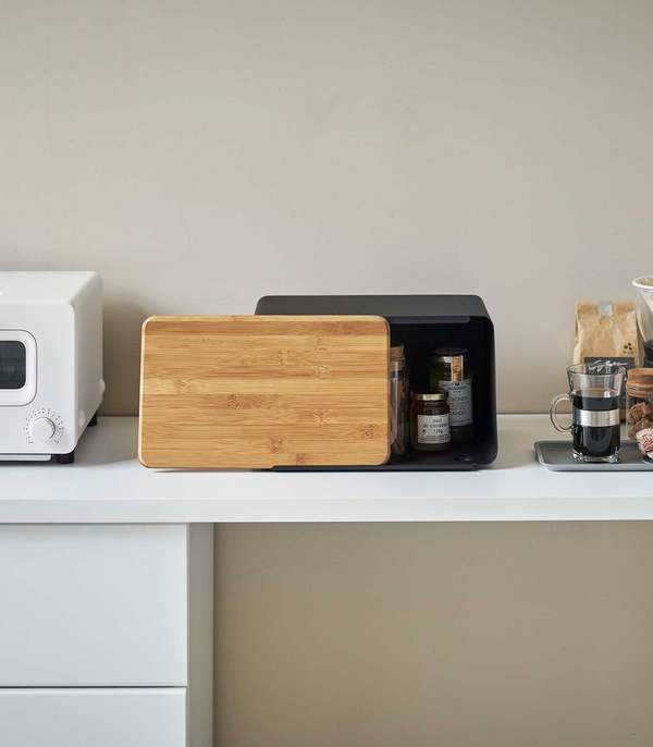 Yamazaki Home Bread Box with Cutting Board Lid - Steel + Wood