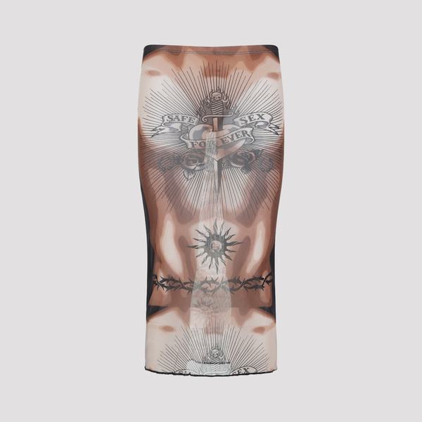 Jean Paul Gaultier Safe Sex Tattoo Midi Skirt - Nude Brown Black