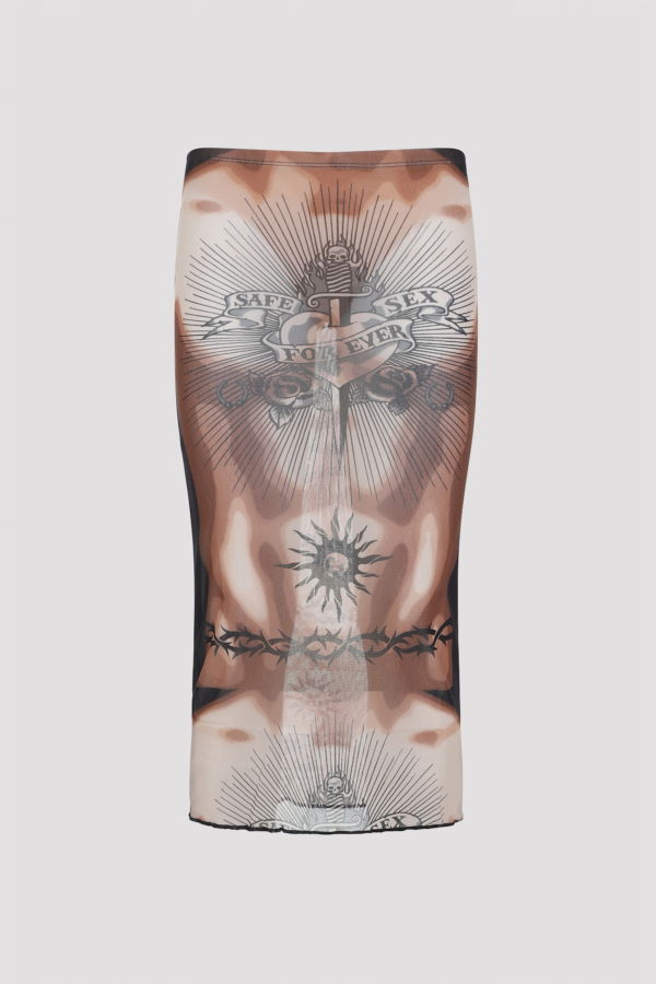Jean Paul Gaultier Safe Sex Tattoo Midi Skirt - Nude Brown Black