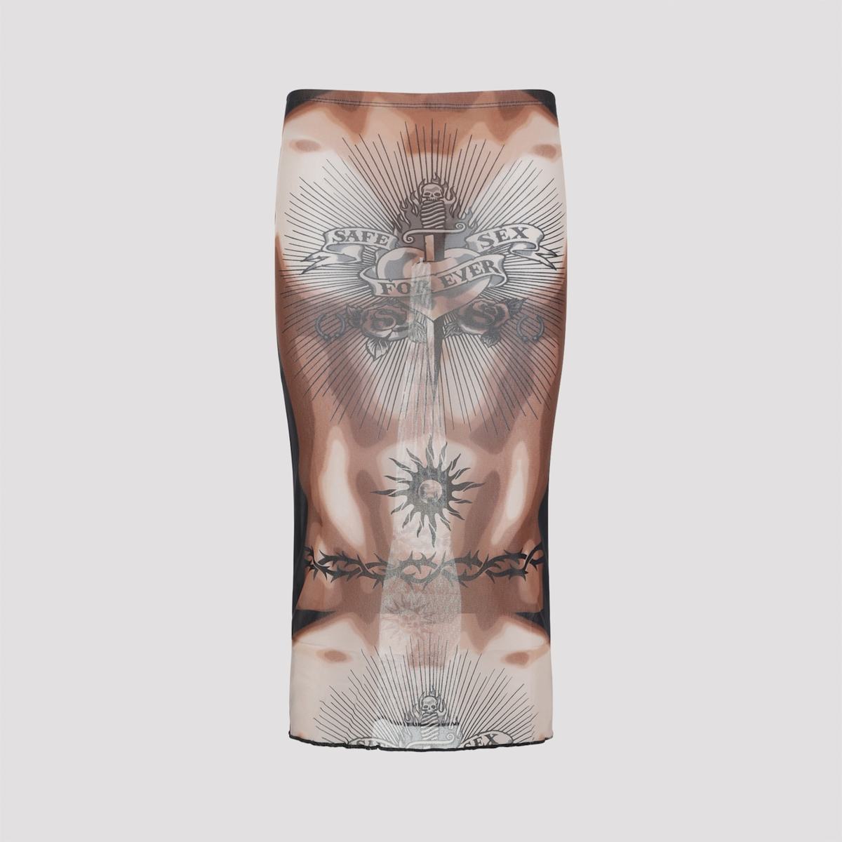 Jean Paul Gaultier Safe Sex Tattoo Midi Skirt - Nude Brown Black - Image 1 of 5
